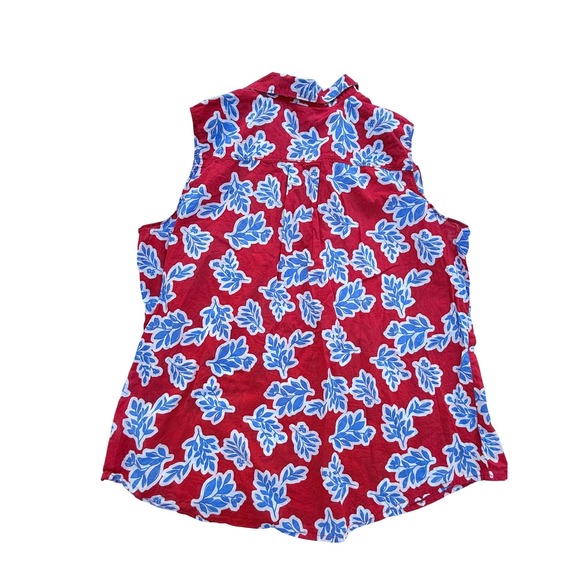 Unbranded Tops - STJB Womens Red Blue Floral Leaf Sleeveless Button-Down Cotton Shirt 4th of July